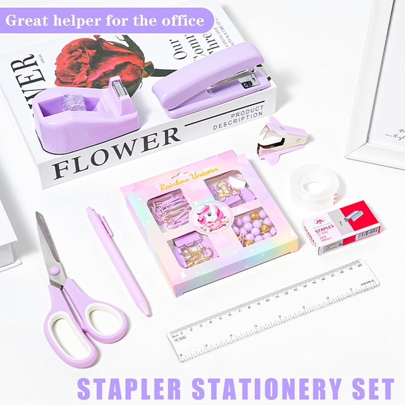 COMFYROOM Desk Accessories with Pen Holder, Office Supplies Desk Organizers and Accessories, Tape Dispenser, Stapler, Staple Remover, Staples, Clips Set, Ruler, Scissor, Pen, Tape (Purple) - Image 2